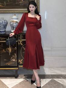 DAZY 女士纯色方领鱼尾连衣裙，生日、新年、舞会礼服，秋季红色女装，圣诞节优雅女装 - 酒紅色 - 查看 4