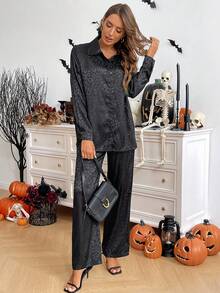 SHEIN LUNE Bộ 2 áo sơ mi họa tiết da báo Jacquard màu tối rộng rãi cho nữ và quần ống rộng, thích hợp cho lễ Halloween - màu đen - Xem 3