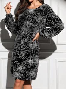 SHEIN Clasi Women's Elegant Foil Embellished Round Neck Belted Long Sleeve Dress Fall Wedding Guest Dress - Silver - View 7