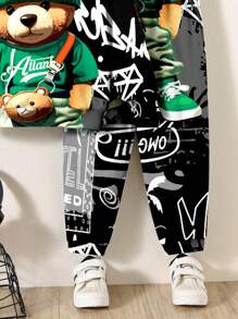 SHEIN 2 件套宽松休闲卡通熊印花运动衫和裤子套装，适合年轻男孩，夏季服装 - 彩色 - 查看 4