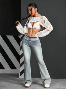 SHEIN PETITE Casual Washed Slim Flared Jeans - Blue - View 7