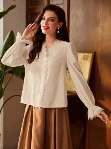 Vintamour Vintage Elegant Women's Shirt With Lace Patchwork, V-Neck, Long Flare Sleeves, Ruffle Hem And Exquisite Pearl Button, Perfect For Work Back To School Clothes Fall Clothes Women Blouses Fall Tops Fall Outfits Teacher Clothes Winter Women Vintage Clothes White Long Sleeve Shirt Button Down Shirt Long Sleeve Top Renaissance Old Money Work Clothes Christmas Clothes Winter Tops Work Women Blouses Homecoming Birthday Women Outfits Cottage Core Fall Clothes Long Sleeve Blouse