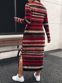 SHEIN LUNE 大码女式圣诞彩虹条纹侧开衩下摆长款休闲连衣裙，时尚秋季女装新年女装节日装节日派对礼服大码连衣裙 - 彩色 - 查看 2