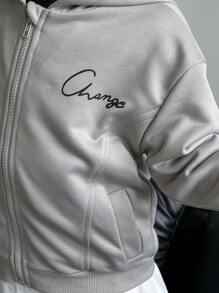 SHEIN Sudadera con capucha de manga larga con cremallera para niño, estampado de letras inglesas, informal, deportiva, de vuelta al colegio, cómoda, de estilo callejero para primavera y otoño