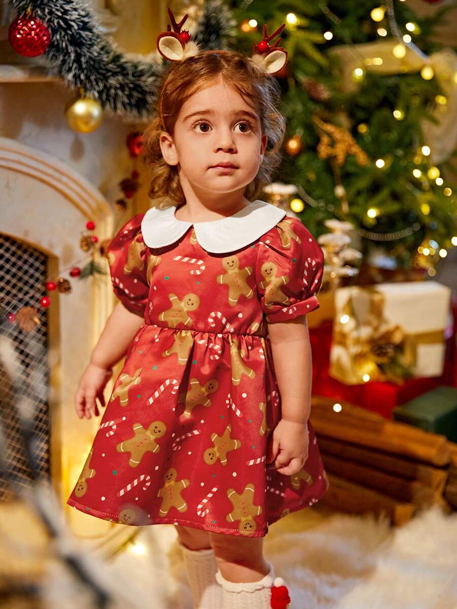 1 件装女婴圣诞节假期印花领腰褶边连衣裙，公主风格 - 彩色 - 查看 1