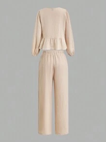 SHEIN Essnce 2pcs Women Plus Size Bowknot Front Cardigan Top And Casual Wide Leg Pants Set
