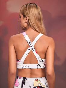 Designer Cartoon Printed Cross Back Straps Tank Top, Holiday, Going Out, Festival