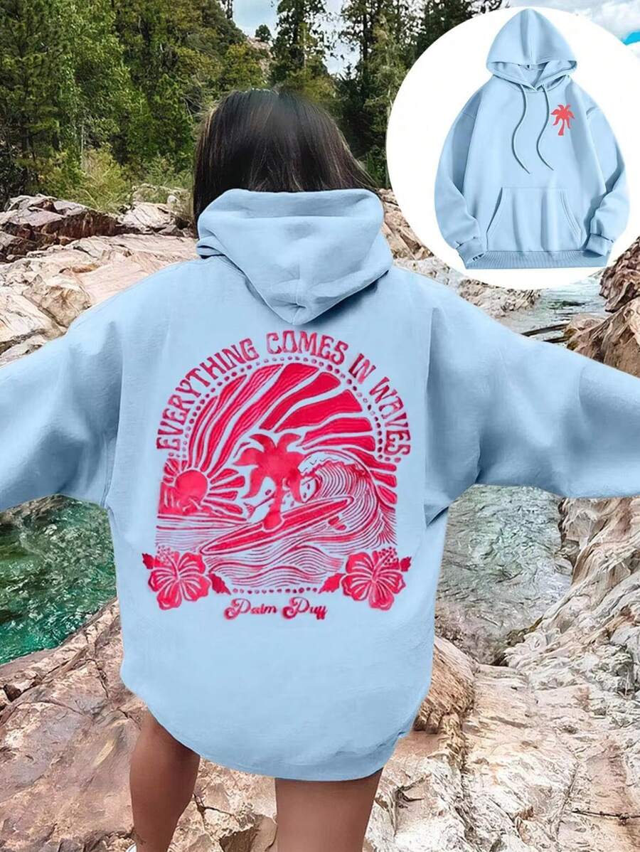 INAWLY 加大码热带印花抽绳卫衣 - 藍色 - 查看 1