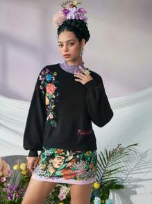 Frida Kahlo X SHEIN 女士休闲花卉图案宽松针织毛衣，秋冬 - 黑色 - 查看 3