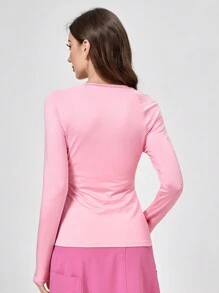 TaskEZ Plain V-Neck Long Sleeve Simple  Uniform Blouse, Soft Basic Underscrub Scrub Tops, Layer Or Wear Solo - Pink - View 2