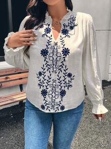SHEIN Frenchy Plus Size White Embroidered V-Neck Blouse