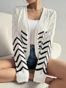 SHEIN LUNE Women's Spring/Autumn Casual Colorblock Striped Hollow-Out Knitted Cardigan - White - View 5