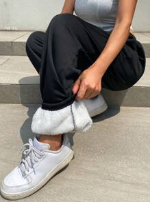 DAZY Pantalon de survêtement noir décontracté à doublure thermique et cordon de serrage pour femmes, joggers pour femmes