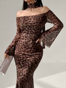Modelyn 豹纹印花网眼长袖露肩休闲度假连衣裙长款女士装长款晚礼服 - 棕色 - 查看 8