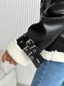 EURMUSE French Patchwork Fabric Zip-Up Jacket With Faux Shearling Trims - Black - View 3