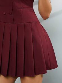 Hauture Off Shoulder Double Buttons Pleated Dress - Burgundy - View 3