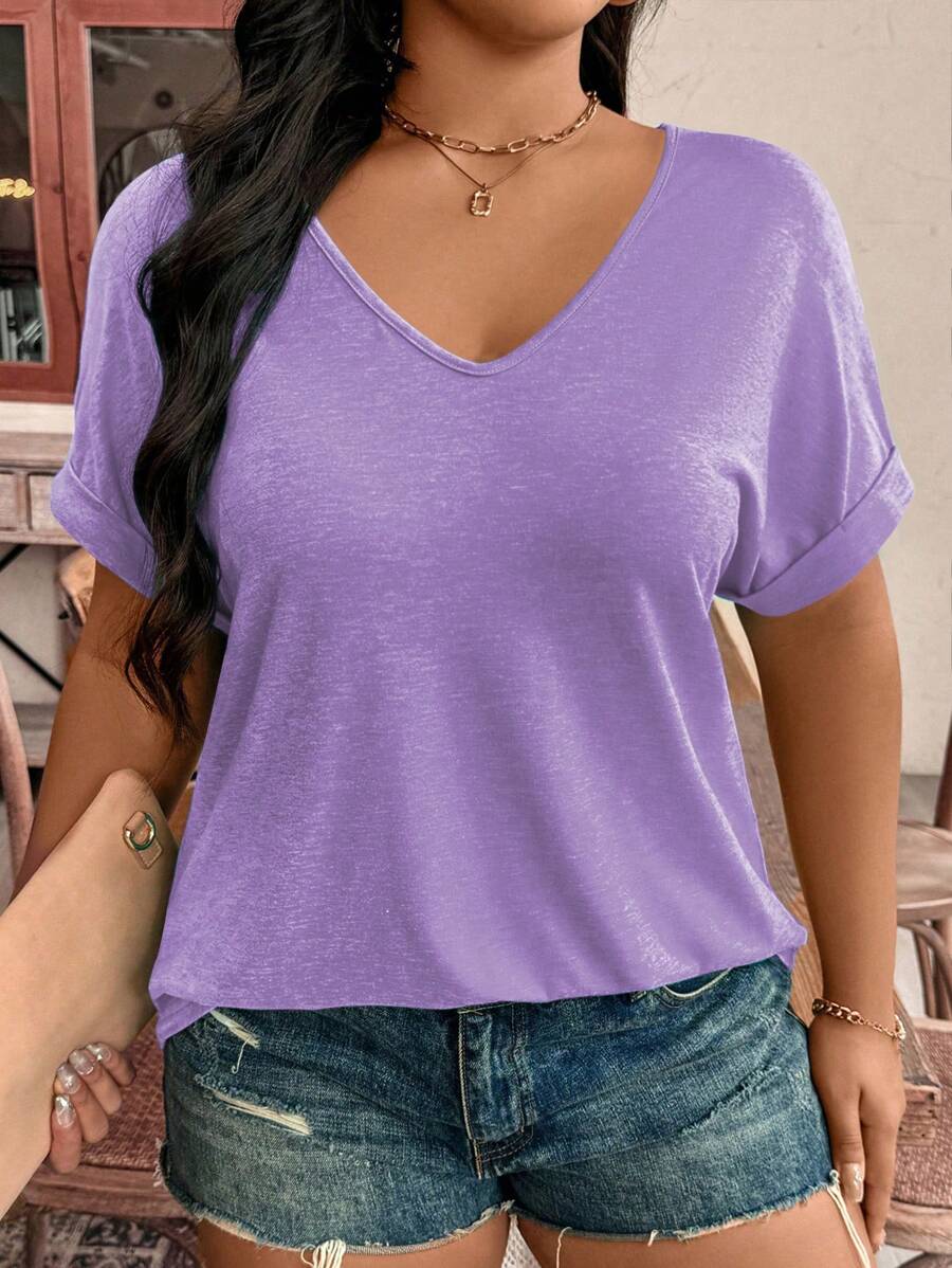 SHEIN LUNE 大码夏季休闲纯色蝙蝠袖 T 恤 - 紫色 - 查看 1