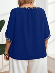Plus Size Floral Embroidered Decor Blue Blouse For Women, For Summer