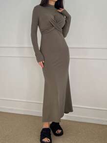 DAZY Women High Neck Bodycon Fishtail Hem Long Sleeve Midi Dress,Fall Dress - Khaki - View 1