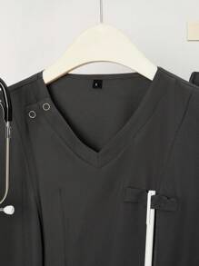 TaskEZ Solid V-Neck Pocket Tee And Tie-Waist Pants Uniform Scrub Set - Grey - View 6