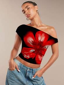 SHEIN BAE Women Floral Sexy Party Asymmetric Ruched Cropped Strapless Top - Red and Black - View 1