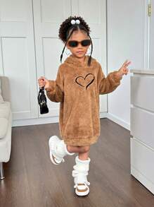 SHEIN Sweatshirt Rajut Polos Berbulu dengan Bordir Grafis untuk Anak Perempuan, Cocok untuk Musim Gugur/Dingin - Khaki - View 6
