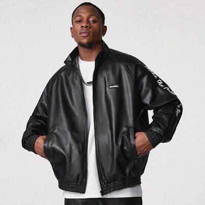 Men's Front Zip Long Sleeve Letter Print Casual Sweatshirt And Pants Set