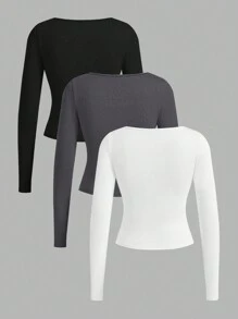 SHEIN EZwear 3 piezas Camiseta de manga larga de punto ajustada con cuello en V, cintura entallada y volantes, apropiada para principios de otoño, para mujer