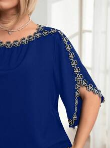 Plus Size Floral Embroidered Decor Blue Blouse For Women, For Summer