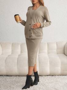 SHEIN 2pcs Maternity Outfit Set: Button Cardigan Top And Sleeveless Bodycon Dress, Autumn Winter - Khaki - View 6