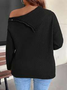 SHEIN LUNE Plus Size Women Black Sweater,Autumn Smart Casual Asymmetrical Shoulder Everyday Winter Versatile Two-Way Design Knitwear For Outings,Work,Shopping - Black - View 2