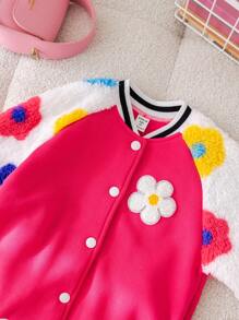 SHEIN Young Girl Flower Printed Fluffy Patchwork Baseball Jacket - Pink - View 4