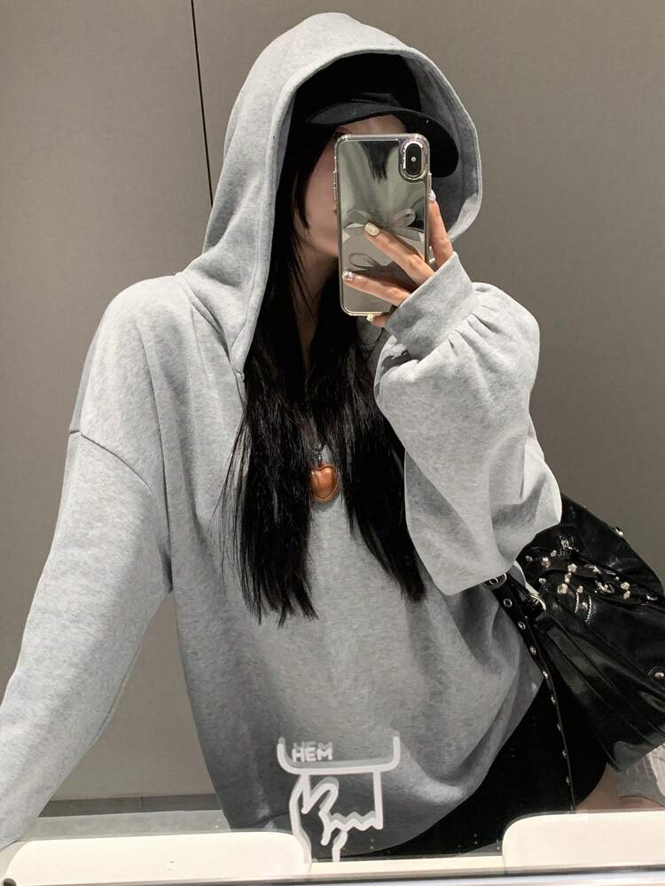 Fleece Solid Loose Fit Hoodie With Bow Decor For Women Sweatshirt