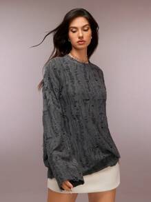 COSMINA Women's Crew Neck Long Sleeve Casual T-Shirt With Distressed Design, Loose And Comfortable - Dark Grey - View 3