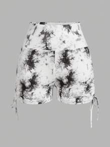 SHEIN EZwear 3pcs Set: Ruched Side Drawstring Tie-Dye Pattern Fitted Cropped Leggings, Spring/Summer - Multicolor - View 10
