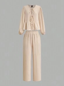 SHEIN Essnce 2pcs Women Plus Size Bowknot Front Cardigan Top And Casual Wide Leg Pants Set