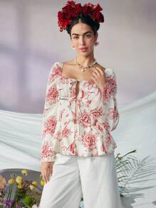 KATHARSIS Frida Kahlo X SHEIN X Designer 商务休闲波西米亚风方领花卉印花系带上衣，节日、感恩节、度假、春夏、外出、节日、办公室 - 紅白色 - 查看 1