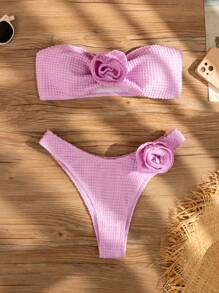 Women 3D Flower Decor Bandeau Bikini Set Summer