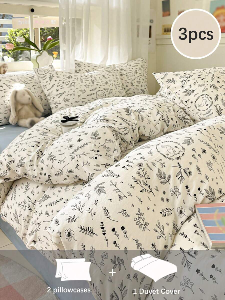 3 件套卷轴图案叶子、花朵和兔子印花水洗黑白羽绒被套和枕套，单人床/双人床/大号双人床/特大号双人床