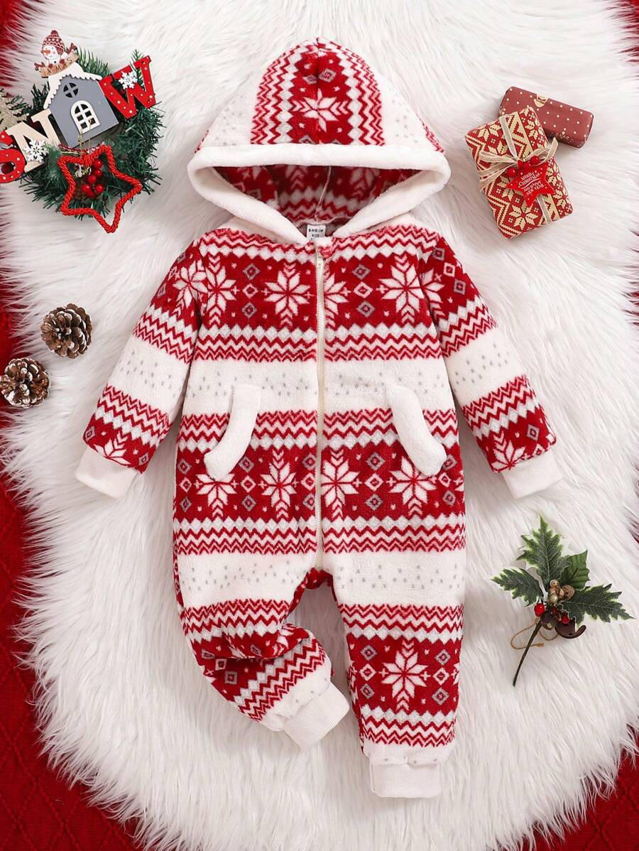 Baby Girl Fair Isle Pattern Fleece Hooded Jumpsuit, Holiday, For Christmas - Multicolor - View 1