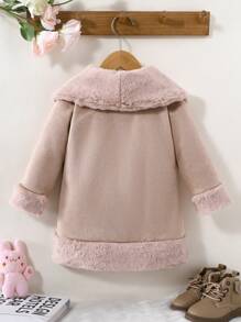 女婴时尚撞色毛绒拼接外套，冬装 - 卡其色 - 查看 2