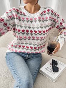 Chiquease Women Floral Pattern Crew Neck Long Sleeve Sweater, Knit Pullover Fall Winter - Multicolor - View 3