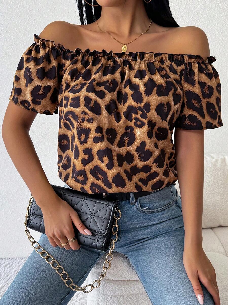 Chiquease Blusa de hombros descubiertos con estampado de leopardo para mujer - Multicolor - Ver 1