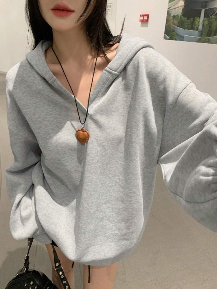Fleece Solid Loose Fit Hoodie With Bow Decor For Women Sweatshirt