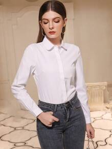 Modelyn Camisa de botones delanteros sólidos, blusas de manga larga