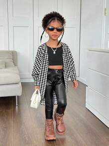 SHEIN Young Girl Knit Geometric Pattern Loose Casual Cardigan - Black and White - View 7