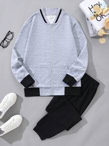 2pcs Teen Boys' Minimalist Stylish Diamond Plaid Pattern Fabric Comfortable Zip-Up Jacket And Pants Set - Multicolor - View 3