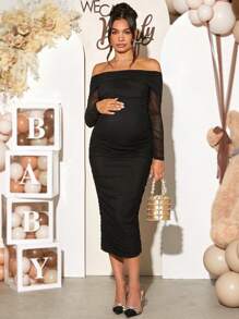 Loomaby Maternity Gender Reveal Dress Off-Shoulder Long Sleeve Ruched Elegant Dress For Baby Shower Party