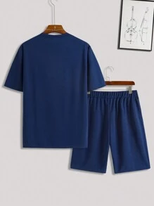 Manfinity Dauomo Men's Summer Color-Block Round Neck Short Sleeve Casual T-Shirt And Shorts Set - Navy Blue - View 2