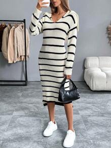 Chiquease Navy V-Neck Striped Drop Shoulder Long Sweater Dress For Women - Multicolor - View 5